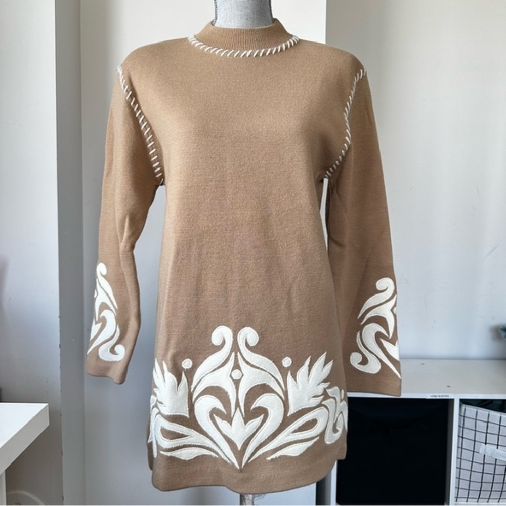 Bianca Vintage Lambswool Blend Tunic Sweater Dress Camel White Embroidery S